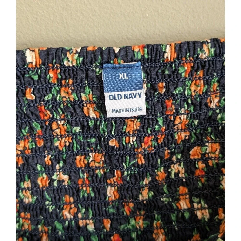 Old Navy Womens XL Puff Sleeve Smocked Babydoll Top Navy Orange Floral Blouse